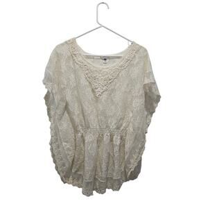 Cato Ivory Lace Smocked Waist Boho Tunic Top Small Cottagecore